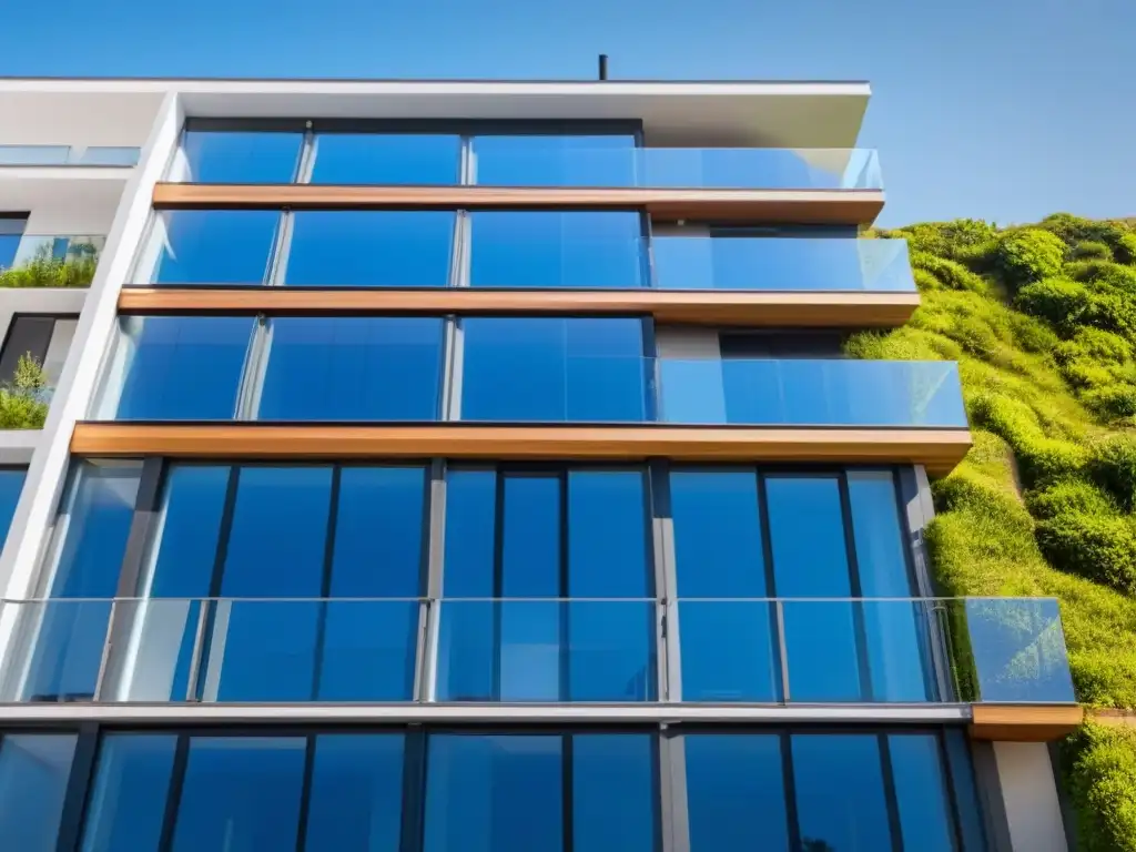 Edificio moderno con energía solar y eficiencia energética Un edificio moderno con paneles solares, ventanas eficientes y áreas verdes, simbolizando la eficiencia energética en propiedades inmobiliarias