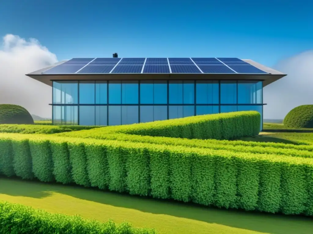 Edificio ecológico: fusión perfecta de tecnología y naturaleza Un edificio moderno con paneles solares en el techo, rodeado de vegetación y cielos azules