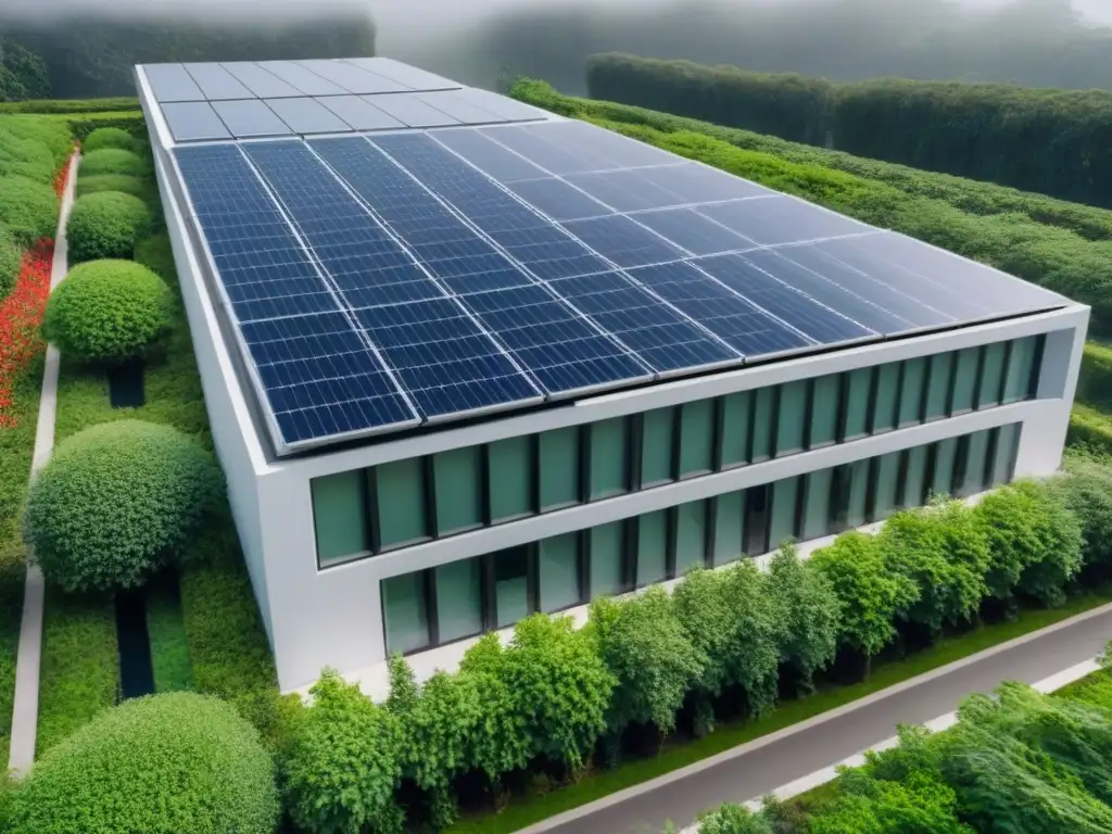 Edificio eco sostenible: diseño moderno y rentabilidad Un edificio moderno con paneles solares en el techo y personas trabajando en un espacio diáfano lleno de luz natural