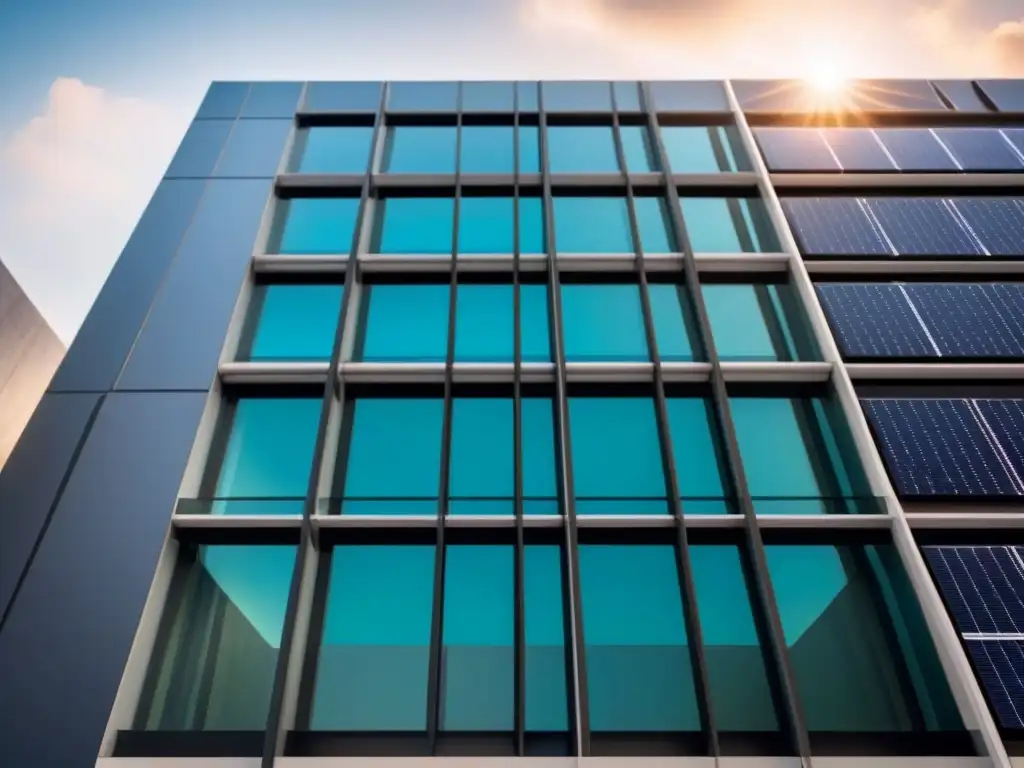 Edificio moderno con paneles solares integrados Edificio moderno con paneles solares integrados, reflejando el compromiso con la sostenibilidad y la eficiencia energética