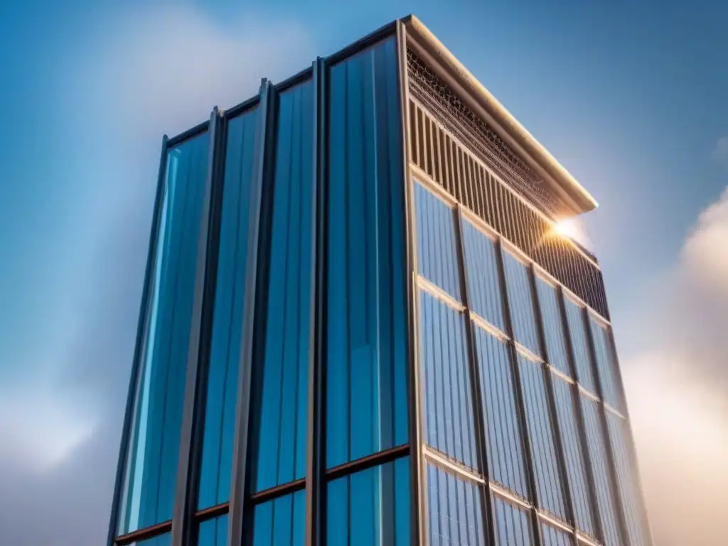 Rascacielos moderno con paneles solares integrados en 8k Edificio moderno con paneles solares integrados, reflejando el compromiso con la sostenibilidad