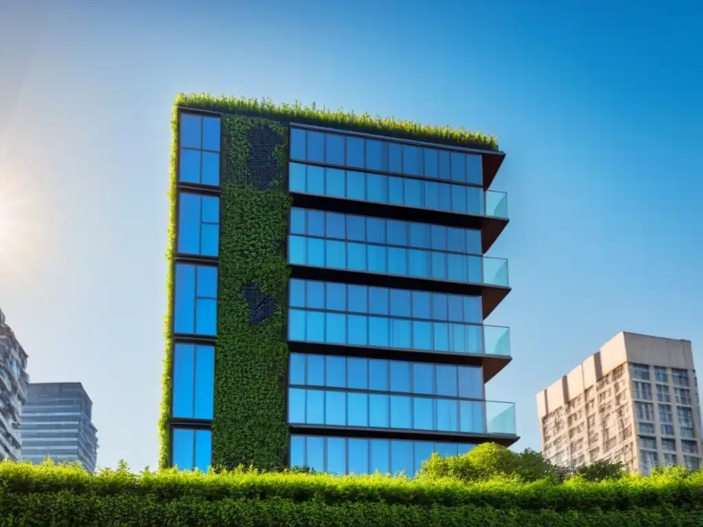 Edificio ecoeficiente con paneles solares integrados destacados por el sol Edificio moderno con paneles solares integrados, generadores de energía sostenible, bajo el sol brillante y cielo azul