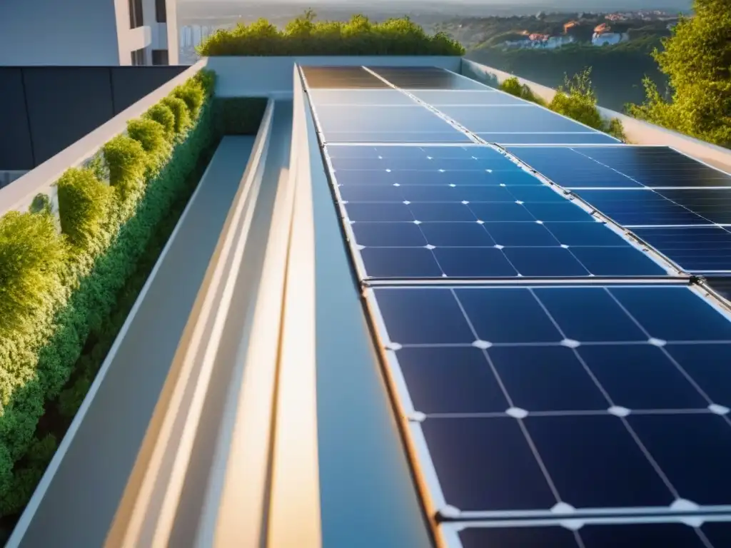 Edificio moderno con paneles solares en un entorno ecológico Un edificio moderno con paneles solares integrados en su diseño