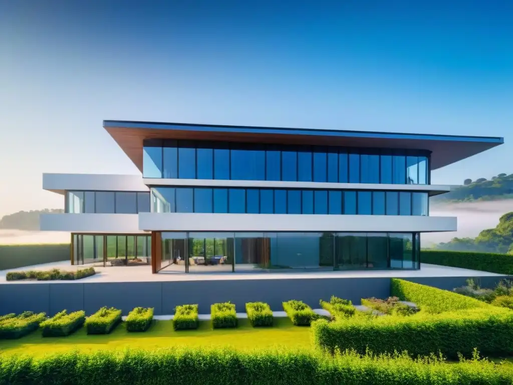 Edificio eco-sostenible con paneles solares y naturaleza exuberante Edificio moderno con paneles solares en techo, rodeado de naturaleza