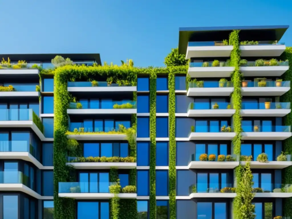Edificio moderno con paneles solares y jardín en el techo Edificio moderno con paneles solares, jardín en la azotea y diseño sostenible, rodeado de naturaleza