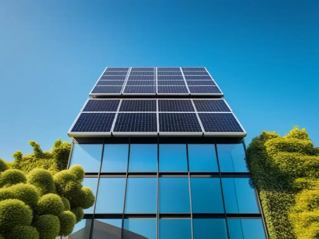 Rascacielos sostenible: armonía urbana y ecológica Edificio moderno con paneles solares en fachada y naturaleza alrededor, simbolizando prácticas de inversión sostenible inmobiliaria