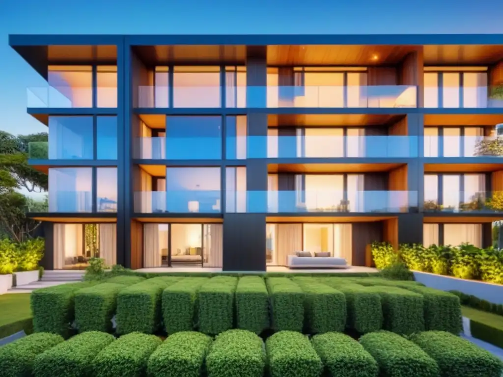 Edificio de apartamentos sostenible: inversión rentable en propiedad eco Edificio moderno con paneles solares, rodeado de vegetación y cielo azul
