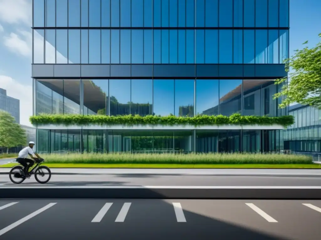 Edificio moderno y sostenible con naturaleza exuberante Edificio moderno con vegetación, personas en bicicletas y autos eléctricos