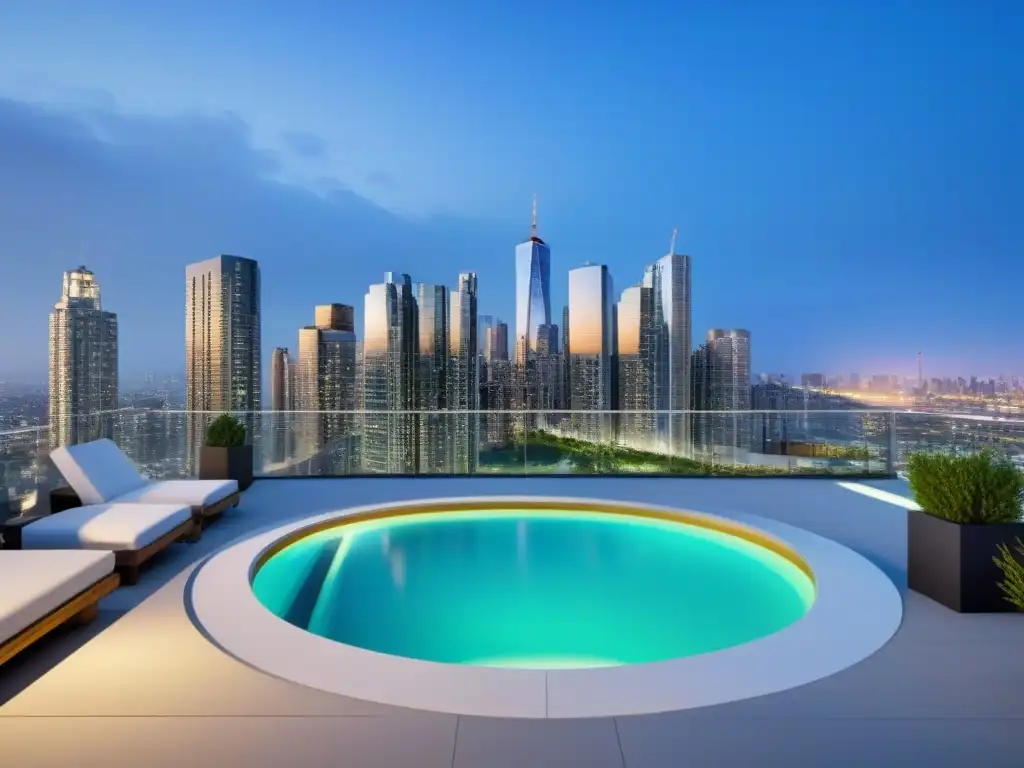 Edificio moderno con vista urbana: lujo y sofisticación en la ciudad Un edificio moderno con piscina en la azotea y una vibrante ciudad de fondo