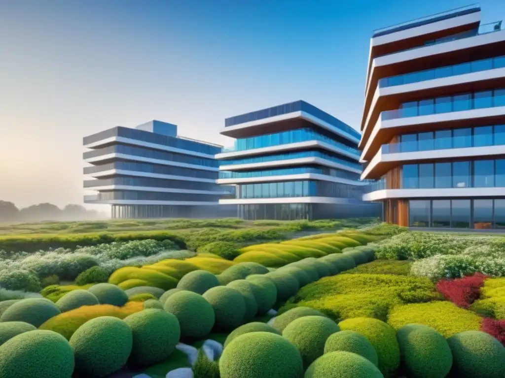 Edificio resiliente: sostenibilidad en el cambio climático Edificio moderno y resiliente ante el cambio climático, con techos verdes y paneles solares