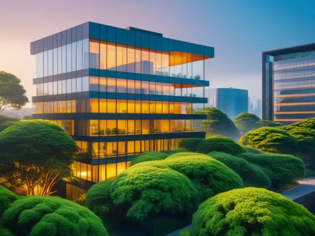 Edificio moderno: arquitectura sofisticada en entorno urbano Un edificio moderno rodeado de vegetación y una ciudad vibrante al fondo, iluminado por el sol