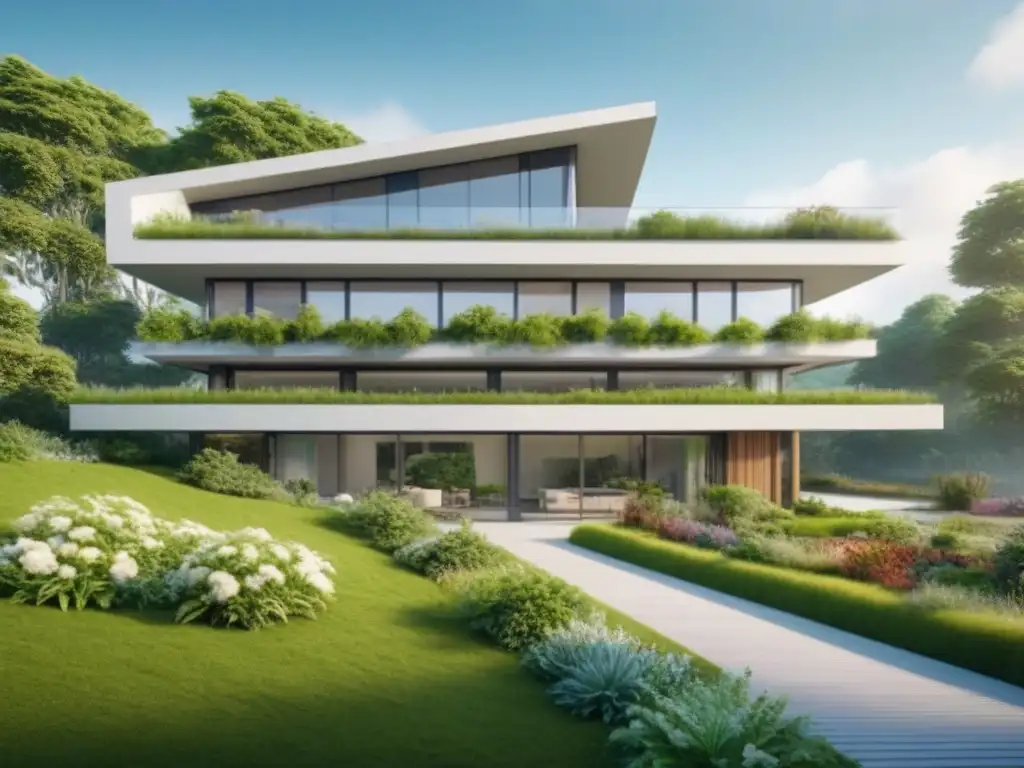 Edificio verde moderno en armonía con la naturaleza Un edificio moderno rodeado de exuberante vegetación, resaltando los beneficios para inquilinos y el medio ambiente