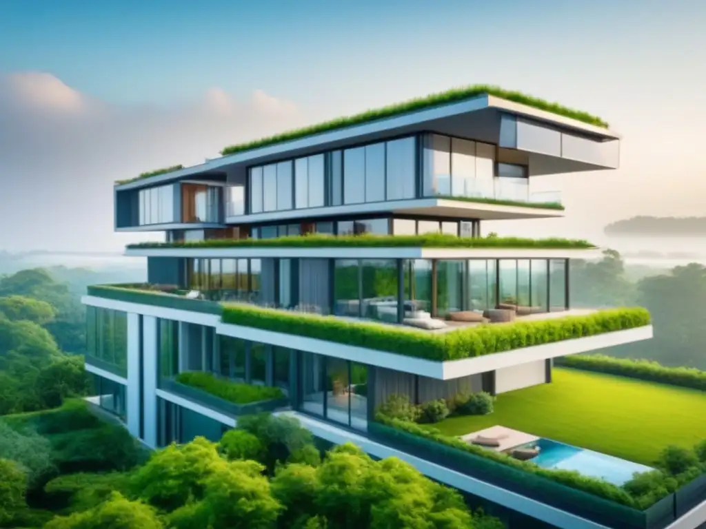 Edificio residencial eco-moderno en armonía con la naturaleza Un edificio moderno rodeado de vegetación y fuentes de energía renovable, mostrando responsabilidad ambiental en desarrollo inmobiliario