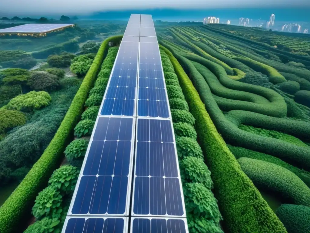 Rascacielos moderno: sostenibilidad y naturaleza en armonía Edificio moderno rodeado de jardines verdes y paneles solares, representando prácticas de inversión sostenible inmobiliaria