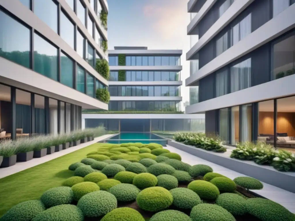 Edificio de lujo fusiona naturaleza y modernidad en inversión inmobiliaria Edificio moderno rodeado de naturaleza, reflejando valor agregado en inversiones inmobiliarias