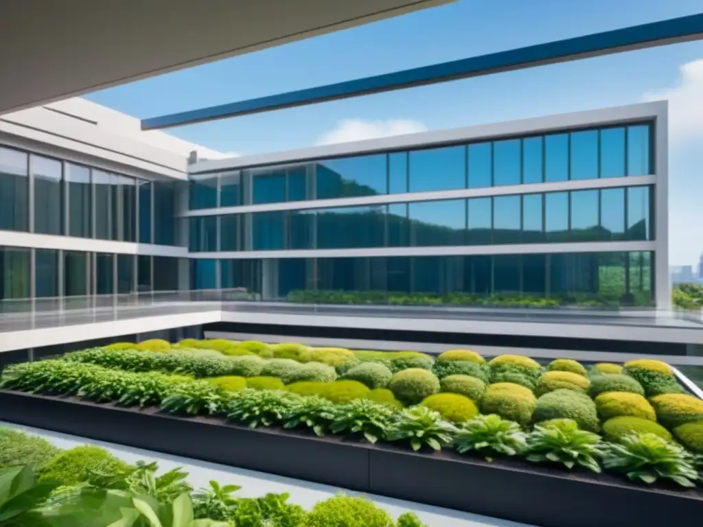 Edificio ecoamigable rodeado de naturaleza exuberante Un edificio moderno rodeado de naturaleza, con techos verdes y paneles solares