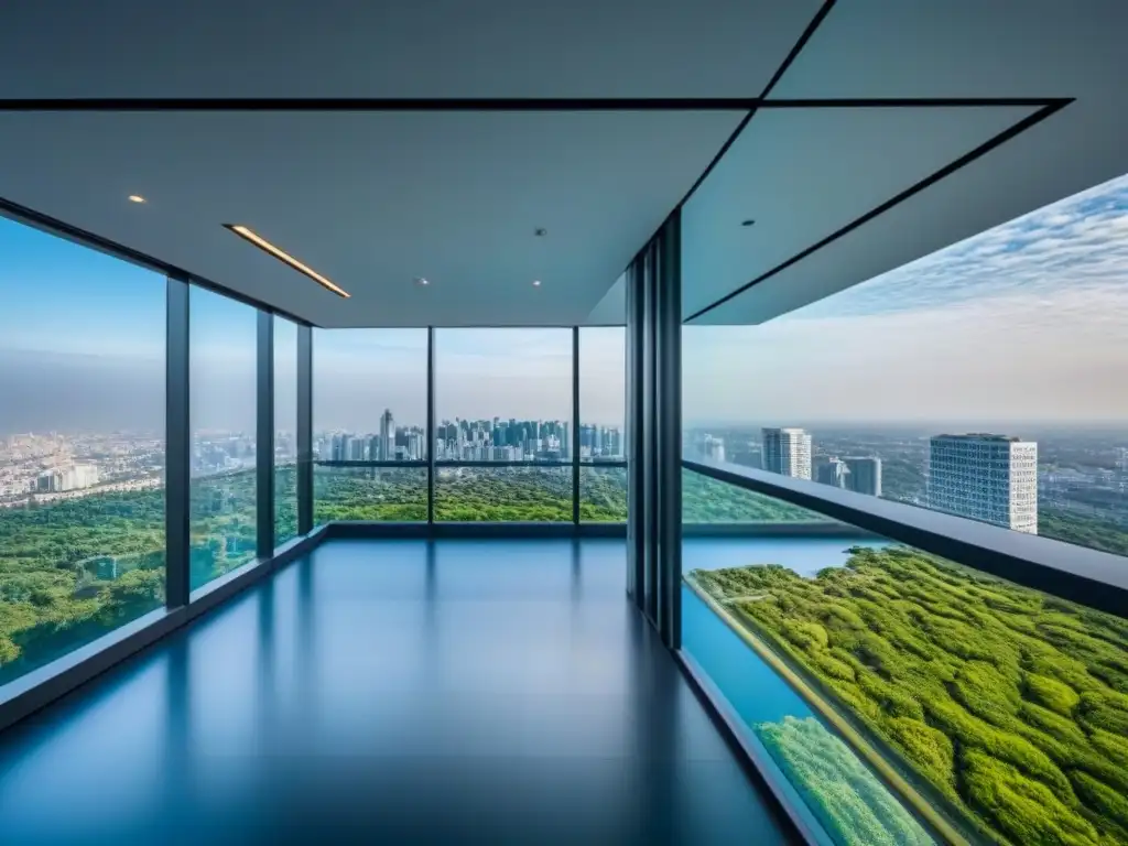 Edificio ecoamigable: arquitectura moderna en entorno sostenible Edificio moderno rodeado de naturaleza, reflejando una ciudad vibrante