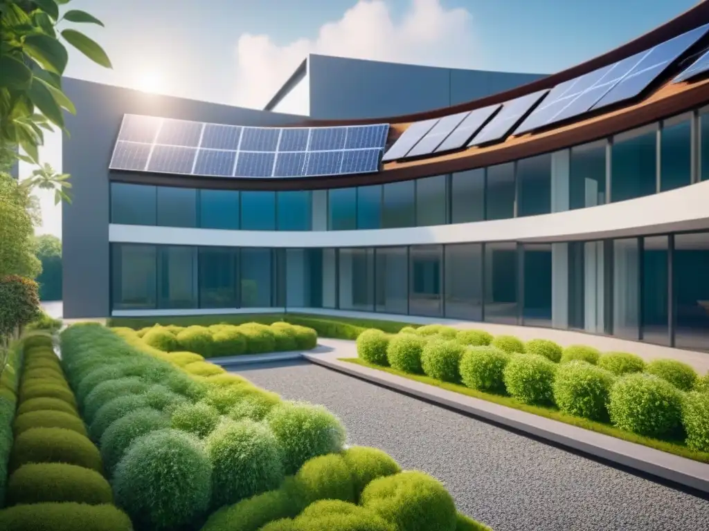Edificio moderno con paneles solares: sostenibilidad en la arquitectura Edificio moderno rodeado de vegetación con paneles solares integrados, simbolizando la sostenibilidad en el mercado inmobiliario