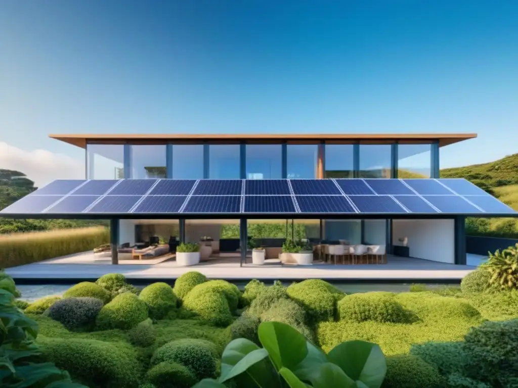 Un edificio moderno rodeado de vegetación, con paneles solares en el techo y personas discutiendo sobre inversiones sostenibles