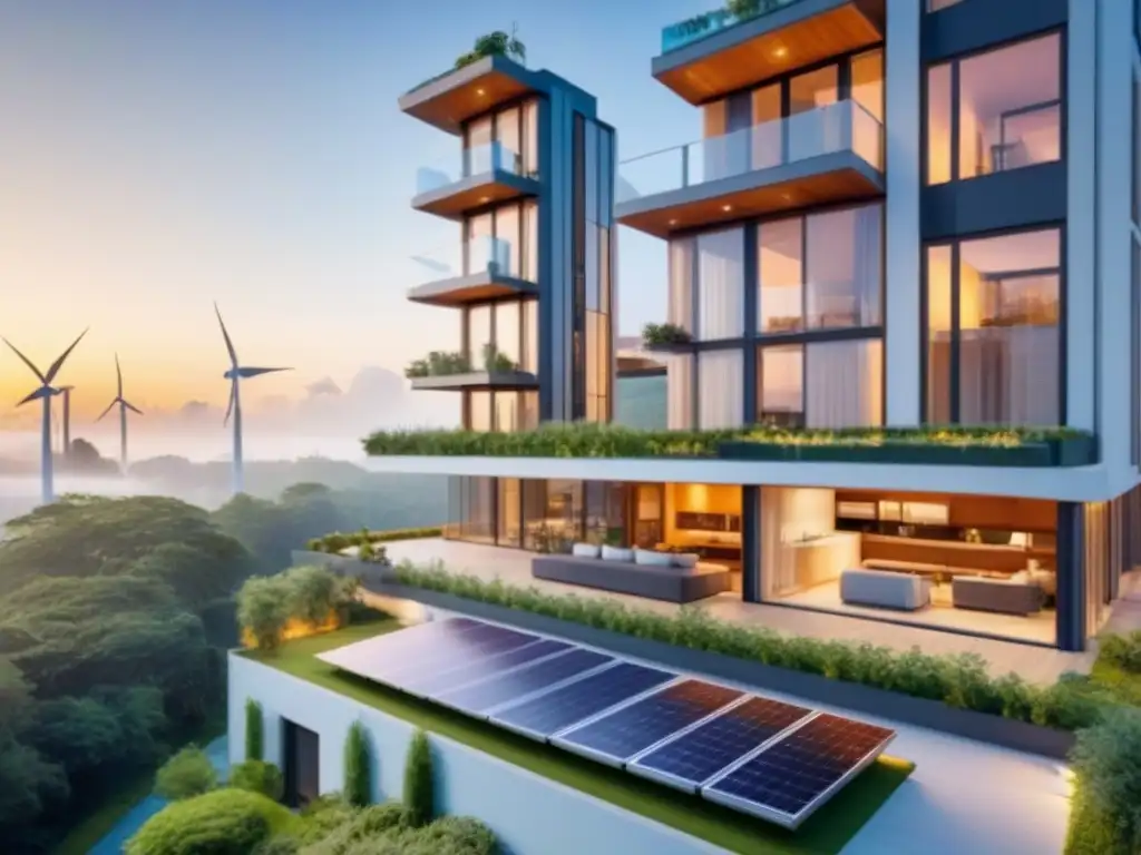 Arquitectura sostenible en armonía con la naturaleza Edificio moderno rodeado de vegetación, con paneles solares y turbinas eólicas