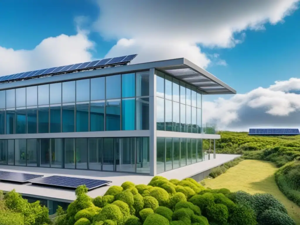 Oficina sostenible: armonía natural y productividad innovadora Un edificio moderno rodeado de vegetación, con paneles solares en el techo y empleados en traje entrando y saliendo