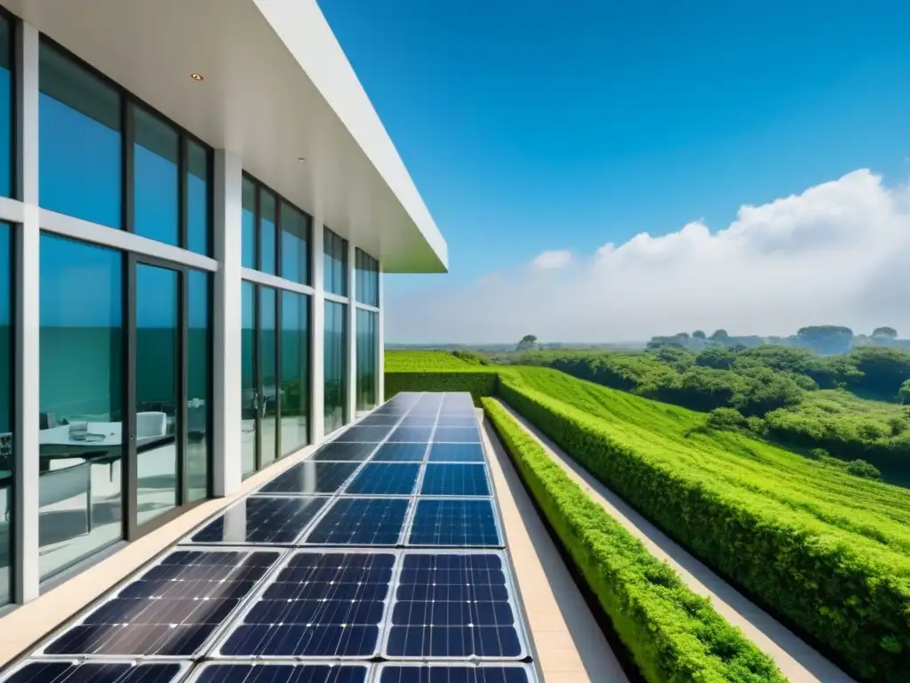 Edificio sustentable con certificaciones LEED y BREEAM Un edificio moderno rodeado de vegetación, con paneles solares en el techo y certificaciones LEED y BREEAM