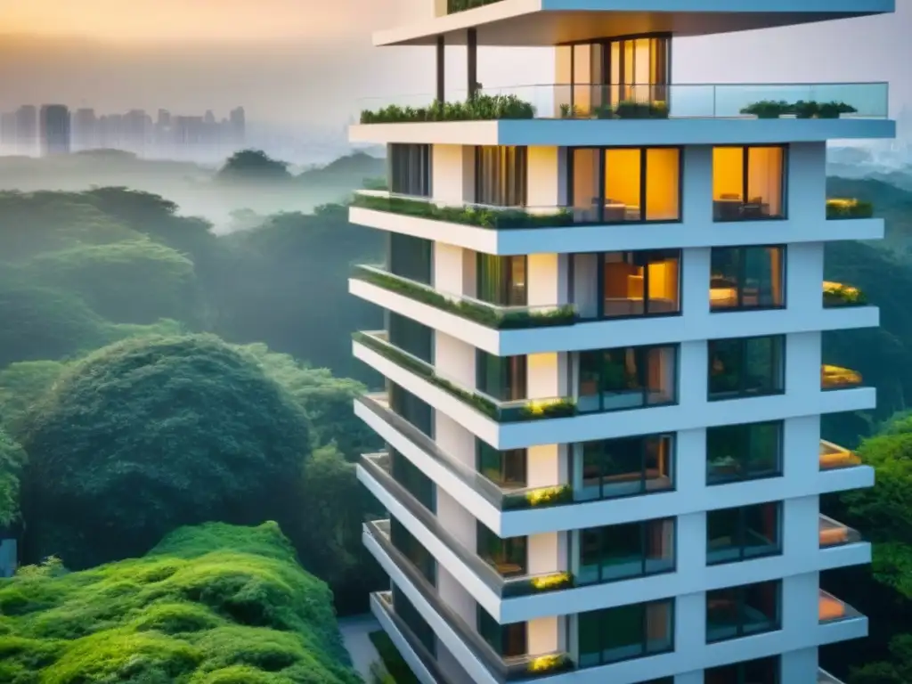 Edificio de lujo en entorno natural al atardecer Un edificio moderno rodeado de vegetación, con el sol poniéndose al fondo, irradiando una cálida luz dorada