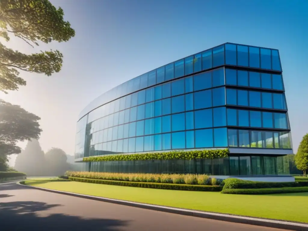 Edificio moderno y futurista: diseño innovador en armonía con la naturaleza Edificio moderno rodeado de vegetación, reflejando innovación y sofisticación