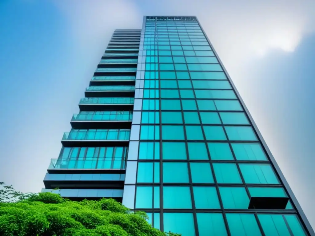 Edificio moderno con seguridad avanzada y vistas urbanas Edificio moderno con seguridad y vegetación, reflejando la ciudad