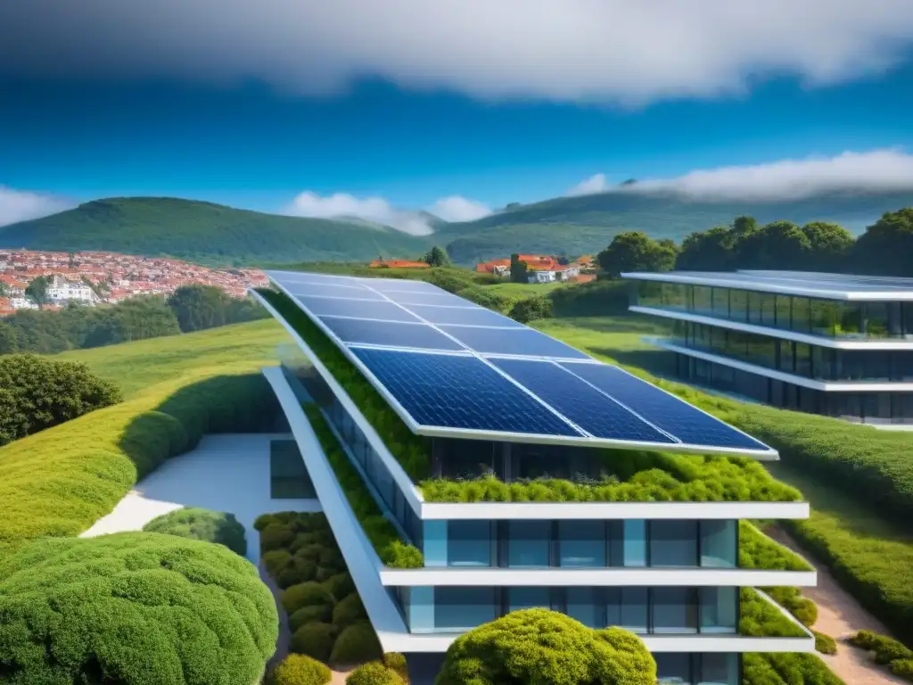 Edificio moderno con energía geotérmica y tecnología verde Edificio moderno con sistemas geotérmicos y paneles solares transparentes