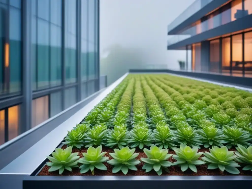 Edificio moderno con sistemas innovadores de gestión del agua Edificio moderno con sistemas innovadores de gestión del agua integrados en diseño, techos verdes, paneles solares y tecnologías de reciclaje de agua