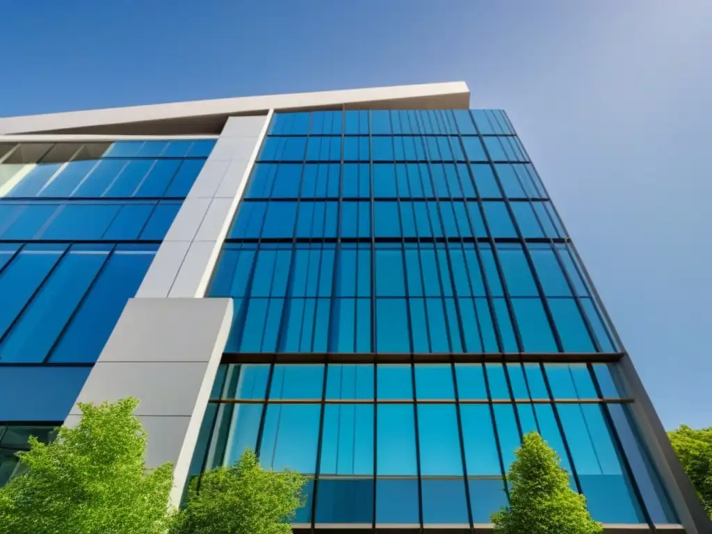 Edificio moderno: fusión de innovación y sofisticación en imagen 8k Un edificio moderno y sofisticado con fachada de vidrio, rodeado de vegetación, bajo cielo azul