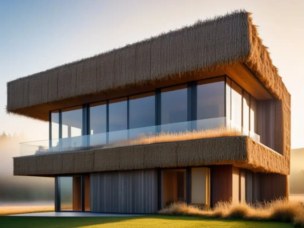 Ecoedificio sostenible: detalle y armonía de materiales naturales Un edificio moderno y sostenible construido con materiales naturales internacionales, destacando armonía y belleza