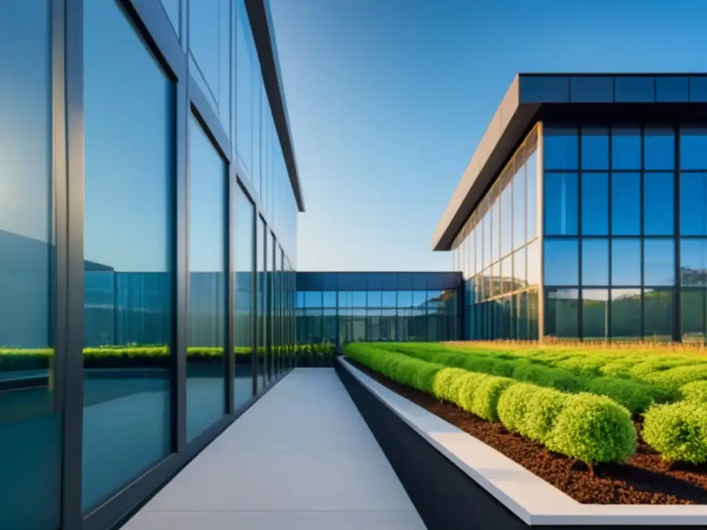 Edificio sostenible de diseño moderno en 8k Edificio moderno y sostenible con paneles solares y techos verdes, destacando estrategias para costo certificaciones LEED BREEAM