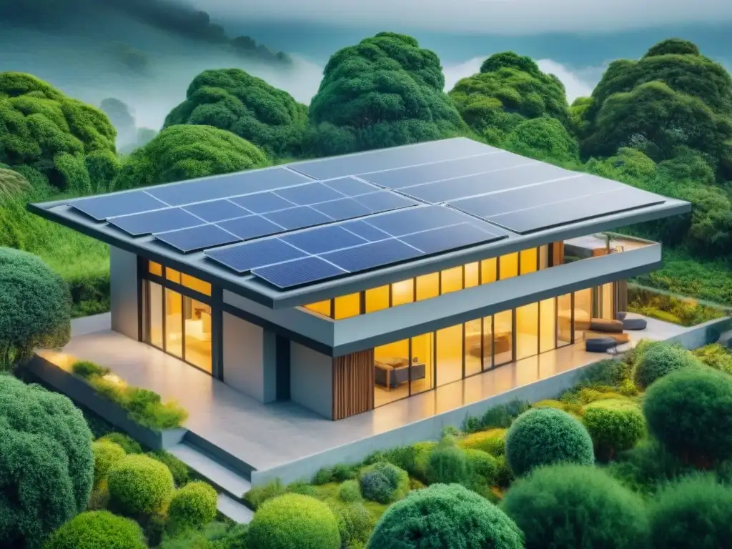 Edificio sustentable: ecoinnovación en armonía con la naturaleza Edificio moderno sostenible con paneles solares y sistema de captación de agua de lluvia, en armonía con normativas ambientales