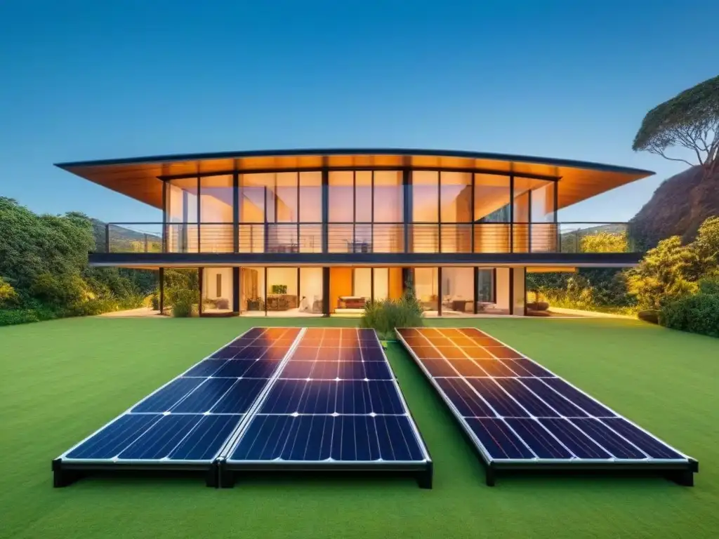 Edificio sustentable: fusión perfecta de naturaleza y tecnología Edificio moderno sostenible con paneles solares, rodeado de vegetación, cielo azul