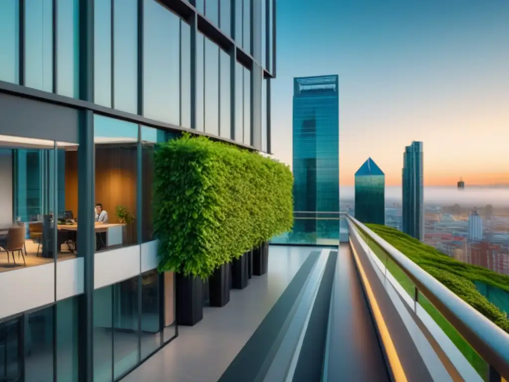 Edificio ecológico: comunidad activa y sostenible Un edificio moderno y sostenible con profesionales saludables entrando, reflejando la ciudad