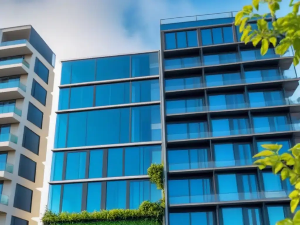 Edificio sustentable: arquitectura moderna y verde Un edificio moderno y sostenible rodeado de vegetación, bajo cielo azul