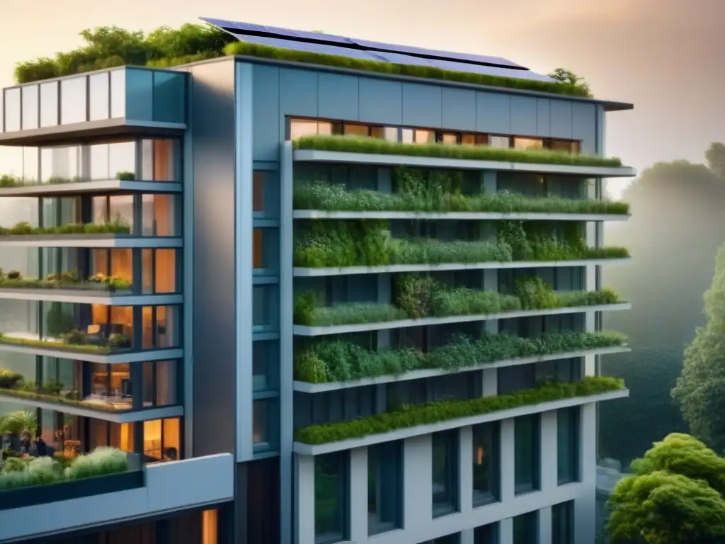 Edificio sostenible: armonía verde y comunidad moderna Un edificio moderno y sostenible rodeado de vegetación, con inquilinos diversos