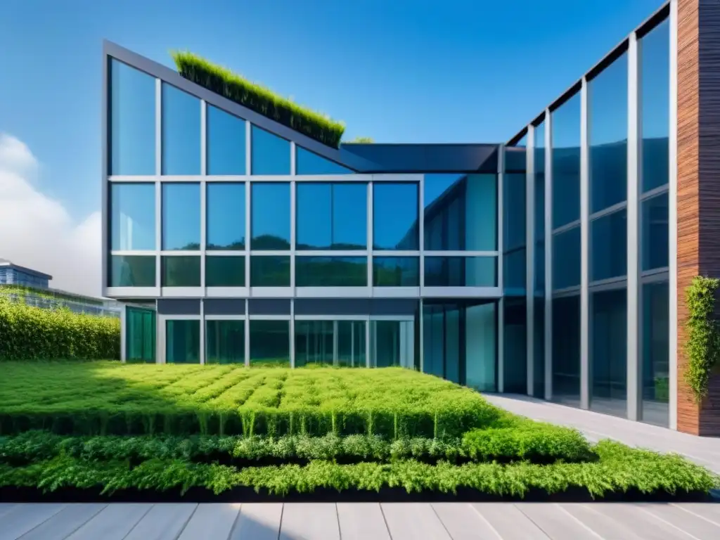 Edificio ecoamigable con diseño sostenible y certificación LEED y BREEAM Edificio moderno sustentable con paneles solares, muro verde y sistema de recolección de agua