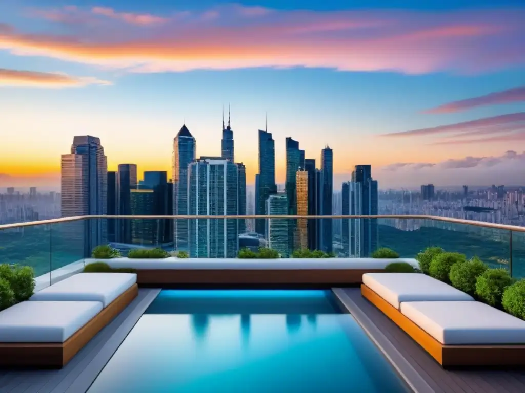 Edificio de lujo con terraza panorámica en atardecer urbano Edificio moderno con terraza en la azotea y vista a la ciudad al atardecer