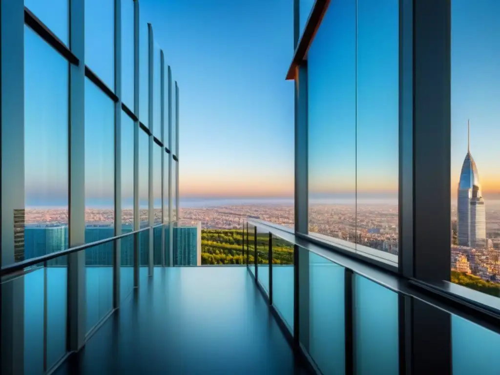 Edificio moderno en mercado inmobiliario internacional Edificio moderno con ventanales reflejando la ciudad, simbolizando soluciones legales conflictos arrendamiento internacional