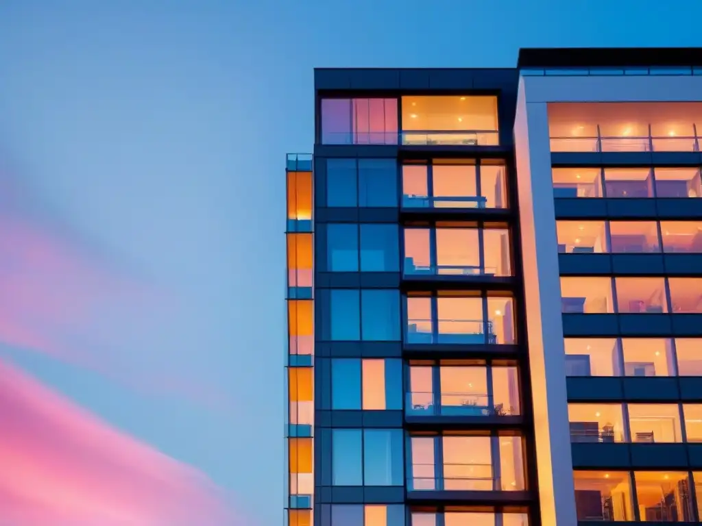 Edificio moderno con vista urbana al atardecer Edificio moderno con ventanales, reflejando ciudad al atardecer