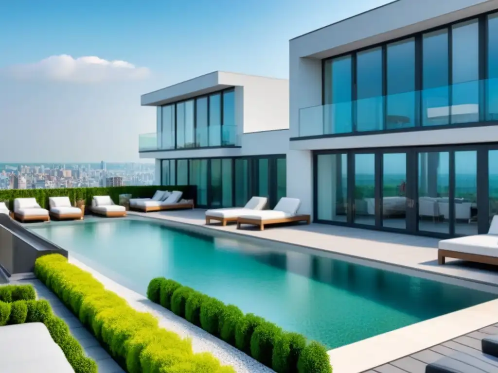 Edificio moderno con vista urbana: lujo y elegancia Un edificio moderno con ventanales panorámicos y una piscina en la azotea, en uno de los mejores mercados alquileres inmobiliarios internacionales