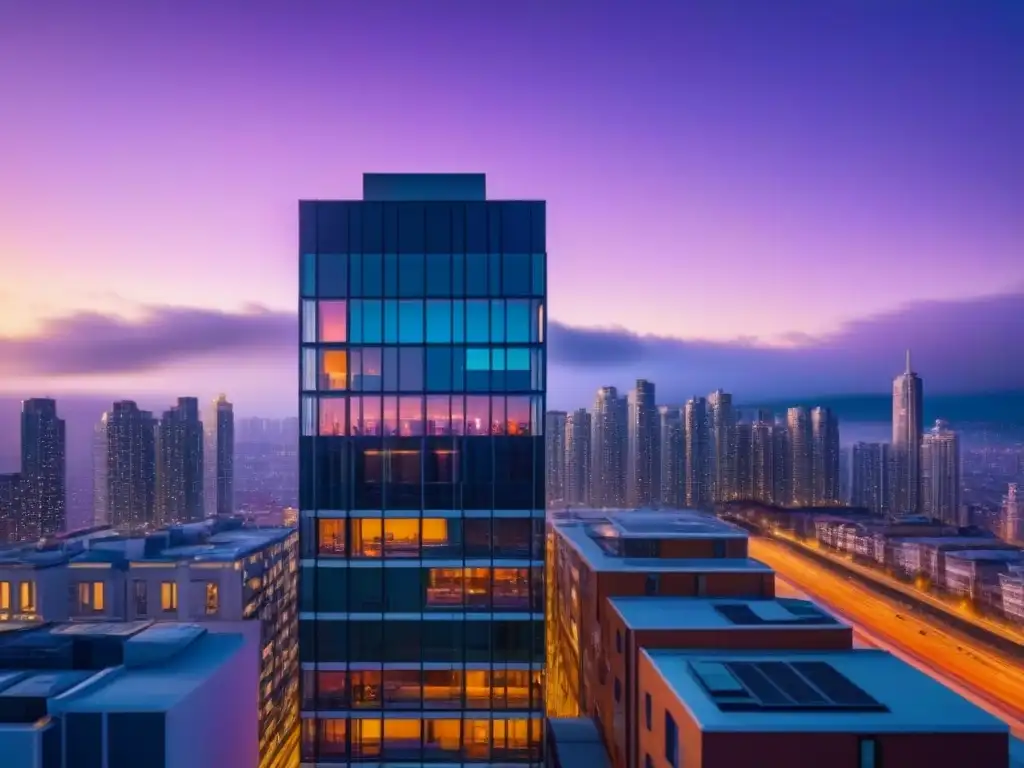 Edificio moderno al atardecer: elegancia urbana y belleza natural en 8k Un edificio moderno con ventanales de piso a techo reflejando un vibrante paisaje urbano al atardecer