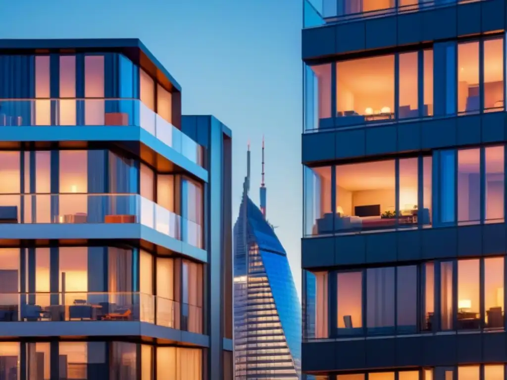 Edificio de lujo: inversión en real estate con leaseback Un edificio moderno con ventanas de piso a techo reflejando el skyline urbano al atardecer, destacando los beneficios del Leaseback para inversores
