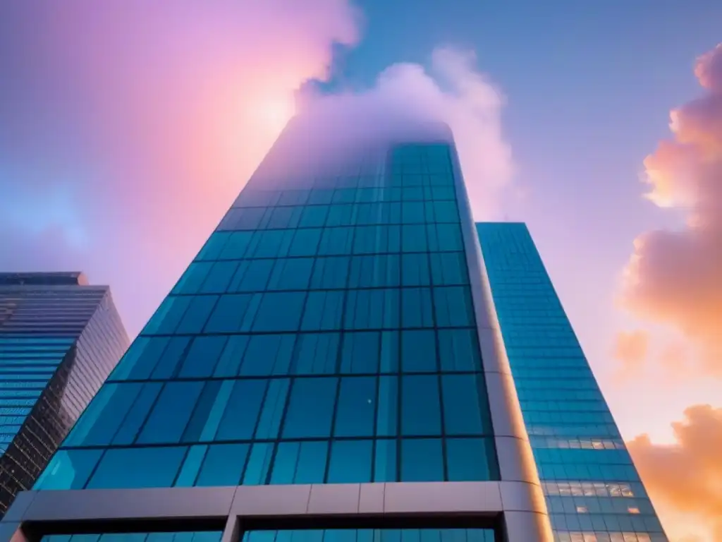 Edificio de oficinas moderno y vibrante en la ciudad al atardecer Un edificio moderno con ventanas de piso a techo reflejando una ciudad vibrante al atardecer