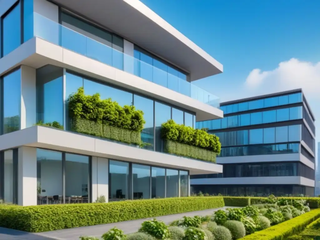 Edificio sostenible con jardín en la azotea y transporte eco Edificio moderno con ventanas de piso a techo, jardín en la azotea y paneles solares
