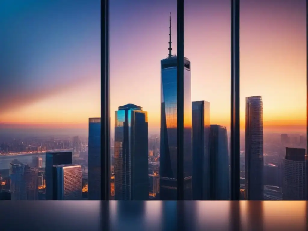 Edificio de oficinas moderno y elegante en la ciudad al atardecer Edificio moderno con ventanas de vidrio reflejando la ciudad al atardecer, ideal para Seguros propiedades comerciales internacionales