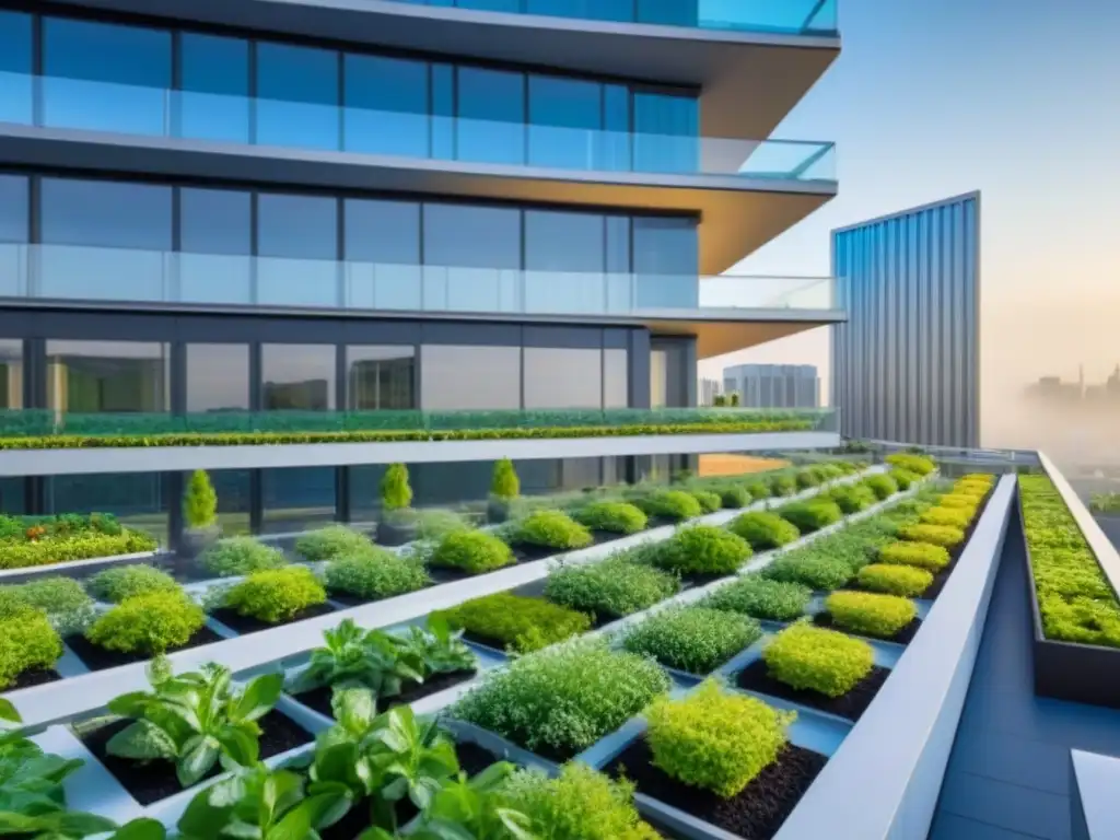 Edificio sostenible: jardín verde en la azotea Edificio moderno con jardín verde en la azotea y certificaciones verdes reducen costos operativos